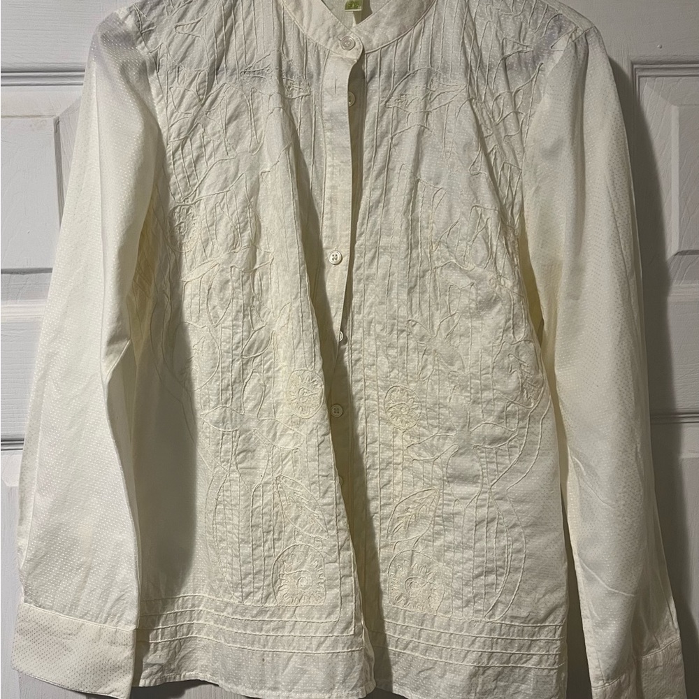 Sigrid Olsen Shirt Women's Small Off-White Button Up Floral Embroidered Front